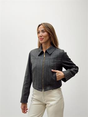 Kadın Çizgili Fermuarlı Antrasit Crop Ceket