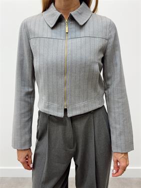 Kadın Çizgili Fermuarlı Gri Crop Ceket