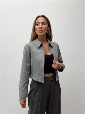 Kadın Çizgili Fermuarlı Gri Crop Ceket