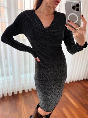 Kadın Degaje Yaka Vatkalı Simli Elbise