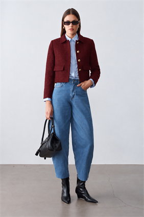 Kadın Dore Düğmeli Blazer Bordo Tüvit  Ceket