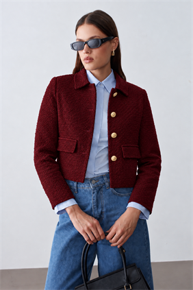 Kadın Dore Düğmeli Blazer Bordo Tüvit  Ceket