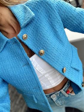 Kadın Dore Düğmeli Blazer Mavi Tüvit Ceket