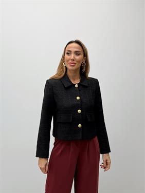 Kadın Dore Düğmeli Blazer Siyah Tüvit Ceket