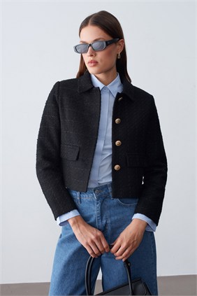 Kadın Dore Düğmeli Blazer Siyah Tüvit Ceket