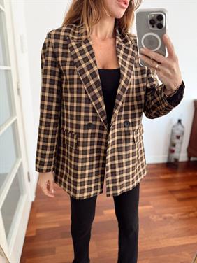 Kadın Double Kumaş Astarlı Vintage Kareli Blazer Ceket
