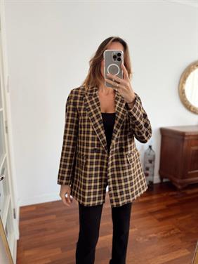 Kadın Double Kumaş Astarlı Vintage Kareli Blazer Ceket