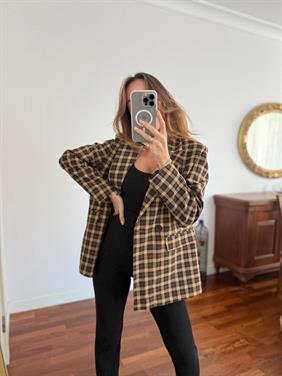 Kadın Double Kumaş Astarlı Vintage Kareli Blazer Ceket