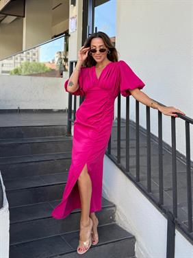 Kadın Drapeli Yırtmaçlı Balon Kol Fuşya Elbise