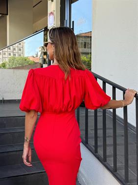 Kadın Drapeli Yırtmaçlı Balon Kol Kırmızı Elbise