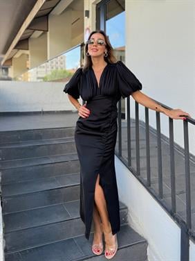 Kadın Drapeli Yırtmaçlı Balon Kol Siyah Elbise