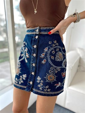 Kadın Düğmeli Nakışlı İşlemeli Tasarım Mini Kot Etek