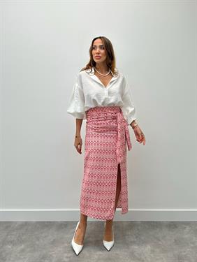 Kadın Etnik Desen Fermuarlı Tasarım Bağlamalı Kırmızı Etek