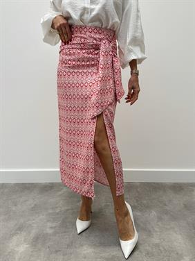 Kadın Etnik Desen Fermuarlı Tasarım Bağlamalı Kırmızı Etek