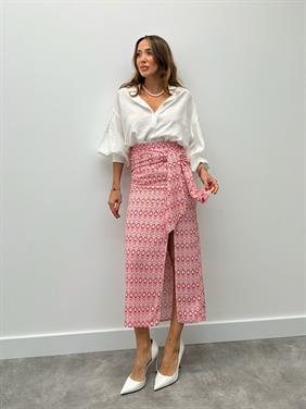 Kadın Etnik Desen Fermuarlı Tasarım Bağlamalı Kırmızı Etek