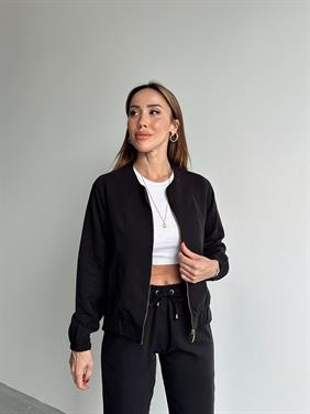 Kadın Fermuarlı Ceket Pantolon Alt-Üst Siyah Takım