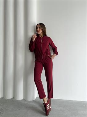 Kadın Fermuarlı Ceket Pantolon Alt-Üst Bordo Takım