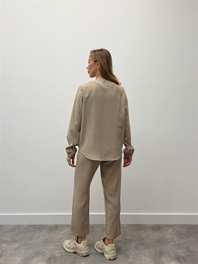 Kadın Fermuarlı Ceket Pantolon Alt-Üst Vizon Takım