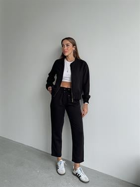 Kadın Fermuarlı Ceket Pantolon Alt-Üst Siyah Takım