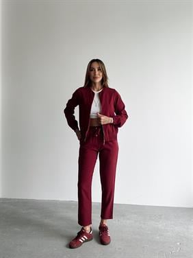 Kadın Fermuarlı Ceket Pantolon Alt-Üst Bordo Takım