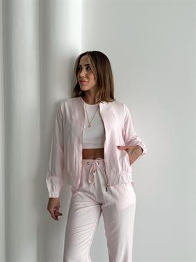 Kadın Fermuarlı Ceket Pantolon Alt-Üst Pembe Takım