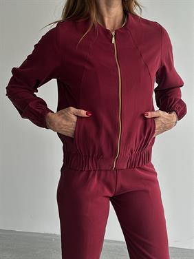 Kadın Fermuarlı Ceket Pantolon Alt-Üst Bordo Takım