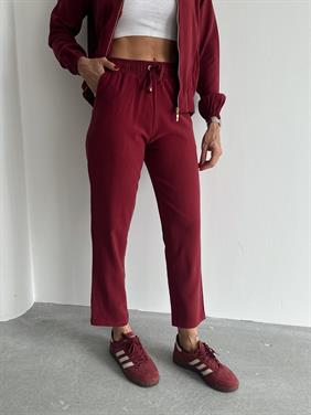 Kadın Fermuarlı Ceket Pantolon Alt-Üst Bordo Takım
