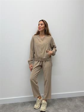 Kadın Fermuarlı Ceket Pantolon Alt-Üst Vizon Takım