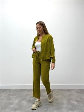 Kadın Fermuarlı Ceket Pantolon Alt-Üst Yağ Yeşili Takım