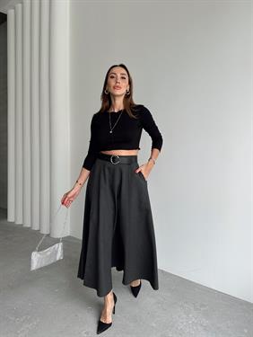 Kadın Fermuarlı Yırtmaçlı Godeli Antrasit Etek
