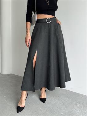 Kadın Fermuarlı Yırtmaçlı Godeli Antrasit Etek