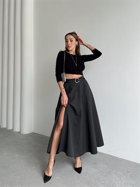 Kadın Fermuarlı Yırtmaçlı Godeli Antrasit Etek