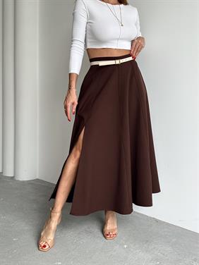 Kadın Fermuarlı Yırtmaçlı Godeli Kahverengi Etek