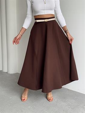 Kadın Fermuarlı Yırtmaçlı Godeli Kahverengi Etek