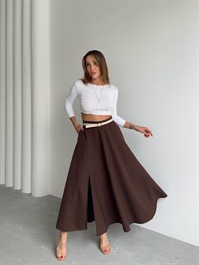 Kadın Fermuarlı Yırtmaçlı Godeli Kahverengi Etek