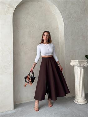 Kadın Fermuarlı Yırtmaçlı Godeli Kahverengi Etek