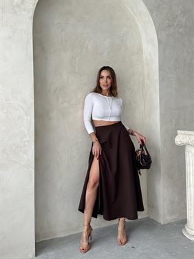 Kadın Fermuarlı Yırtmaçlı Godeli Kahverengi Etek