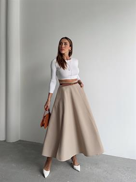 Kadın Fermuarlı Yırtmaçlı Godeli Krem Etek