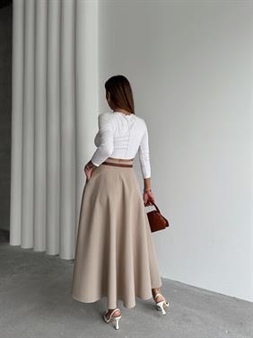 Kadın Fermuarlı Yırtmaçlı Godeli Krem Etek