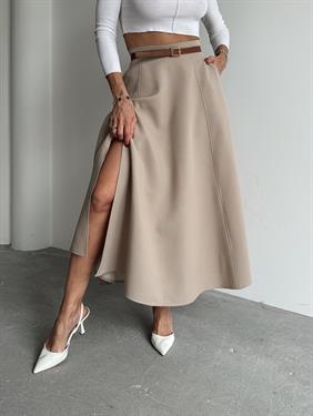 Kadın Fermuarlı Yırtmaçlı Godeli Krem Etek