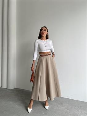 Kadın Fermuarlı Yırtmaçlı Godeli Krem Etek