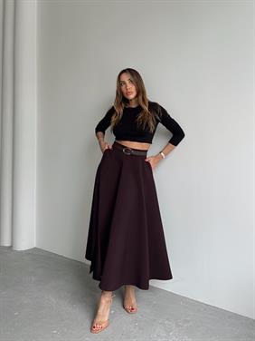 Kadın Fermuarlı Yırtmaçlı Godeli Mürdüm Etek