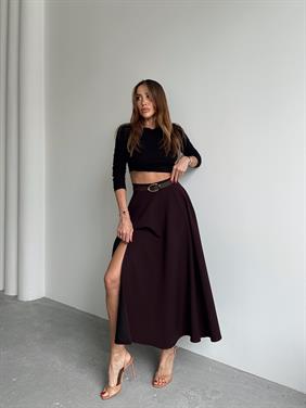 Kadın Fermuarlı Yırtmaçlı Godeli Mürdüm Etek