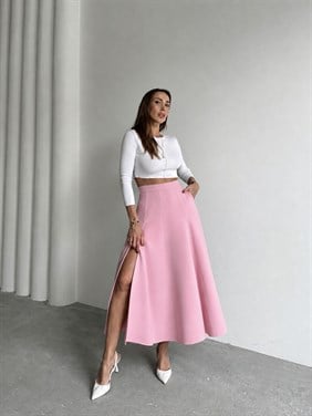 Kadın Fermuarlı Yırtmaçlı Godeli Pembe Etek