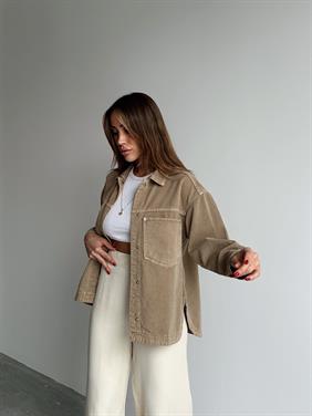 Kadın Gabardin Kumaş Cep Detaylı Krem Gömlek