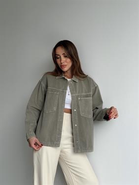 Kadın Gabardin Kumaş Cep Detaylı Yeşil Gömlek