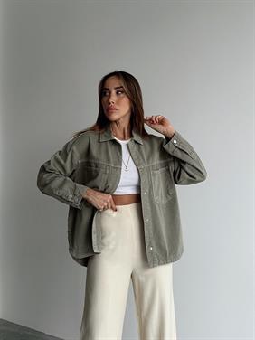 Kadın Gabardin Kumaş Cep Detaylı Yeşil Gömlek