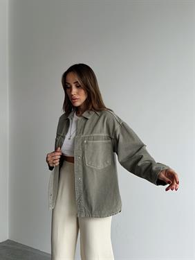 Kadın Gabardin Kumaş Cep Detaylı Yeşil Gömlek