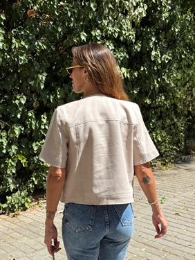 Kadın Gold Düğme Crop Bej Keten Ceket 