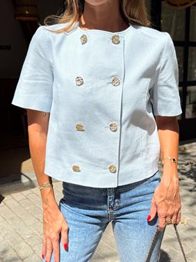 Kadın Gold Düğme Crop Mavi Keten Ceket 